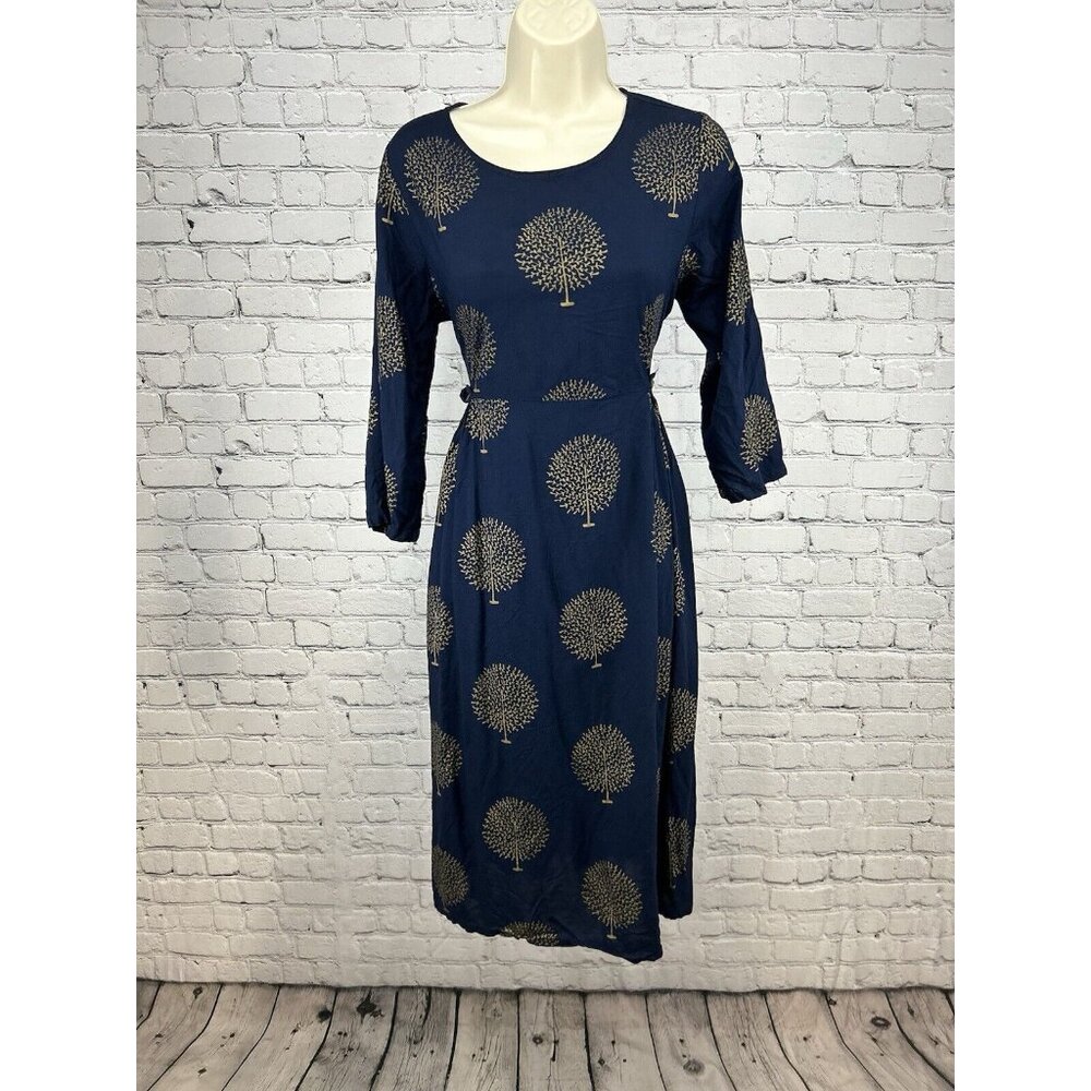 Sassafras Navy Blue Gold Tree Print 3/4 Sleeve Shift Dress Women’s XL